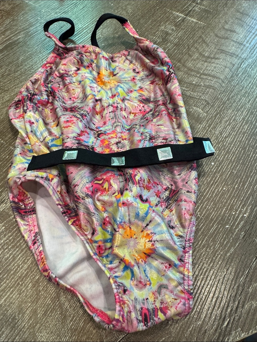 Girls Pink Tie-Dye Floral One-Piece Swimsuit with Black Strap Detail